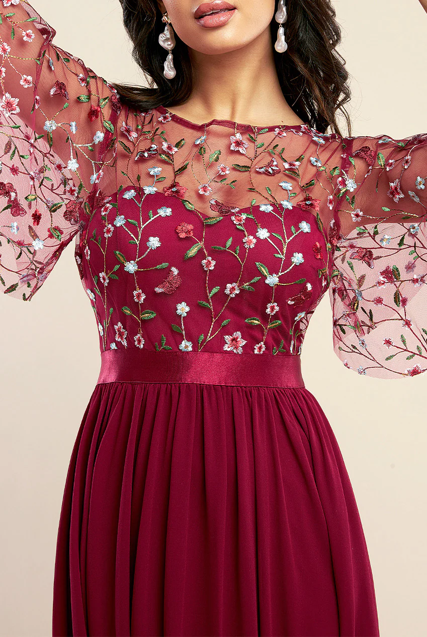 フラワー刺繍袖デザインフレアロングドレス