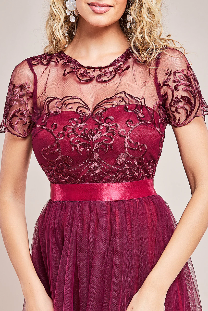 チュール素材袖デザインフレアロングドレス