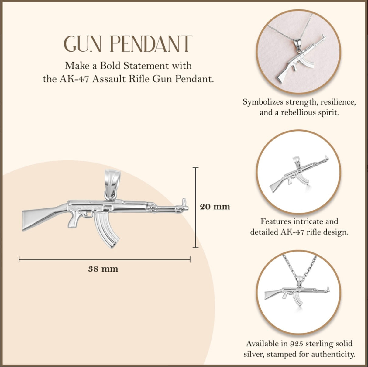 925 Sterling Silver AK-47 Assault Rifle Gun Pendant Necklace