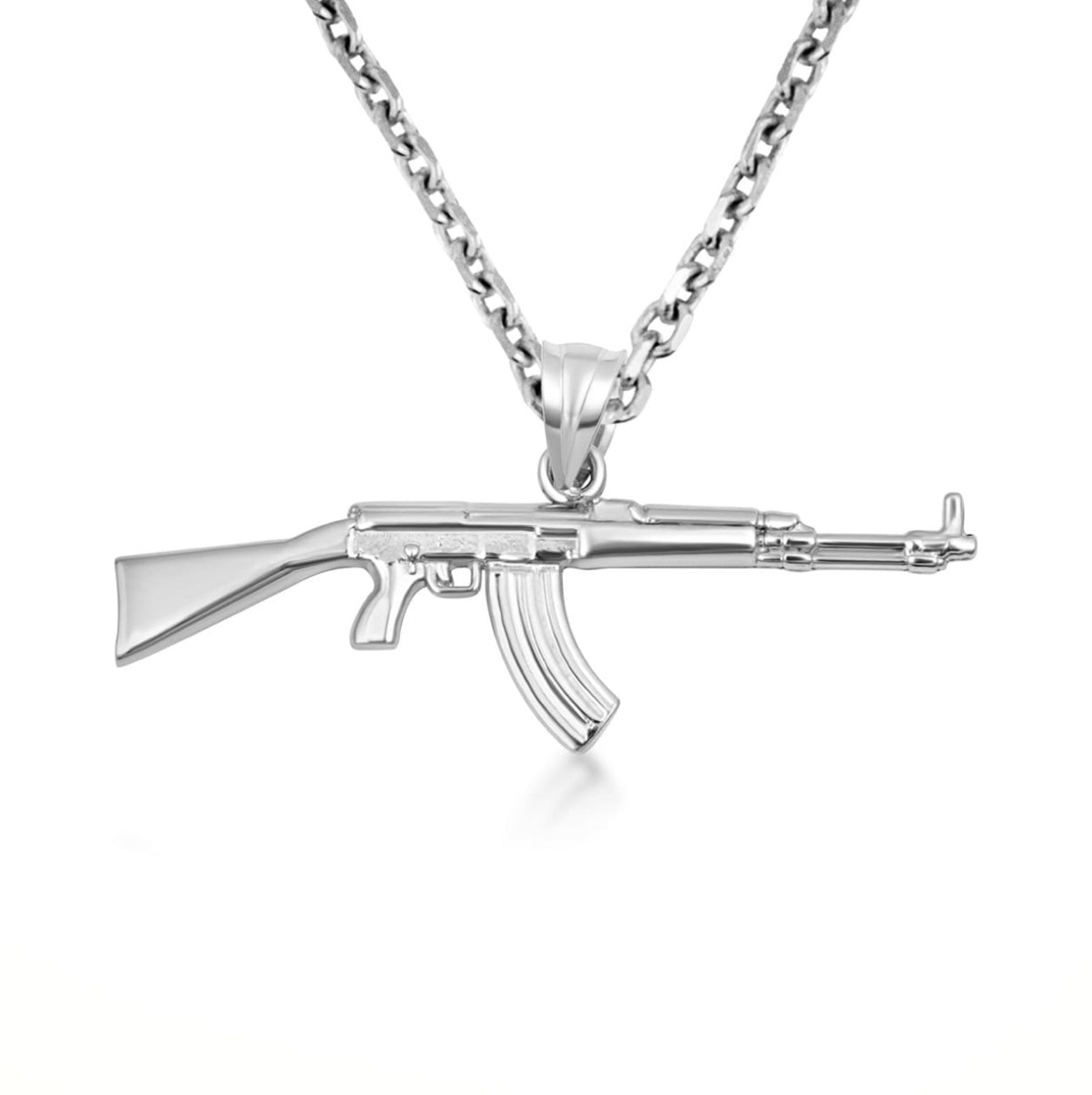 925 Sterling Silver AK-47 Assault Rifle Gun Pendant Necklace