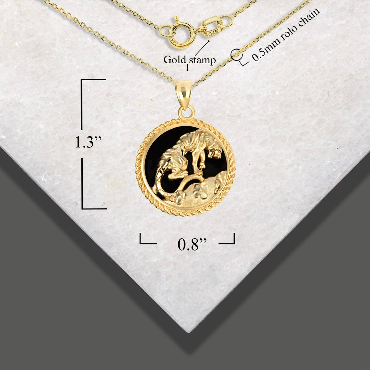 Gold Black Onyx Tiger Diamond Cut Rope Pendant Necklace
