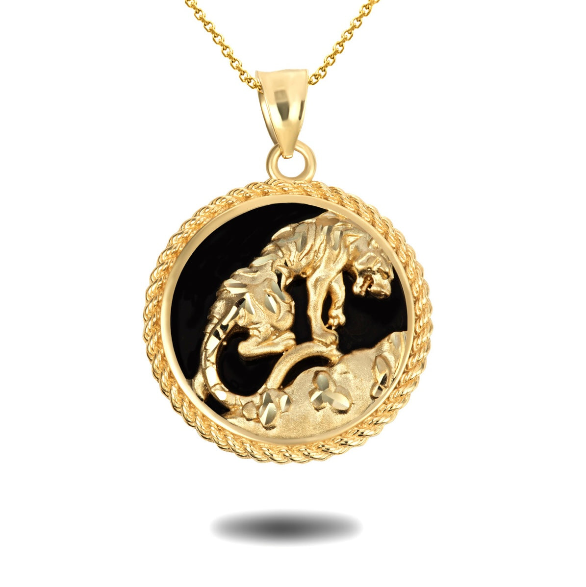 Gold Black Onyx Tiger Diamond Cut Rope Pendant Necklace