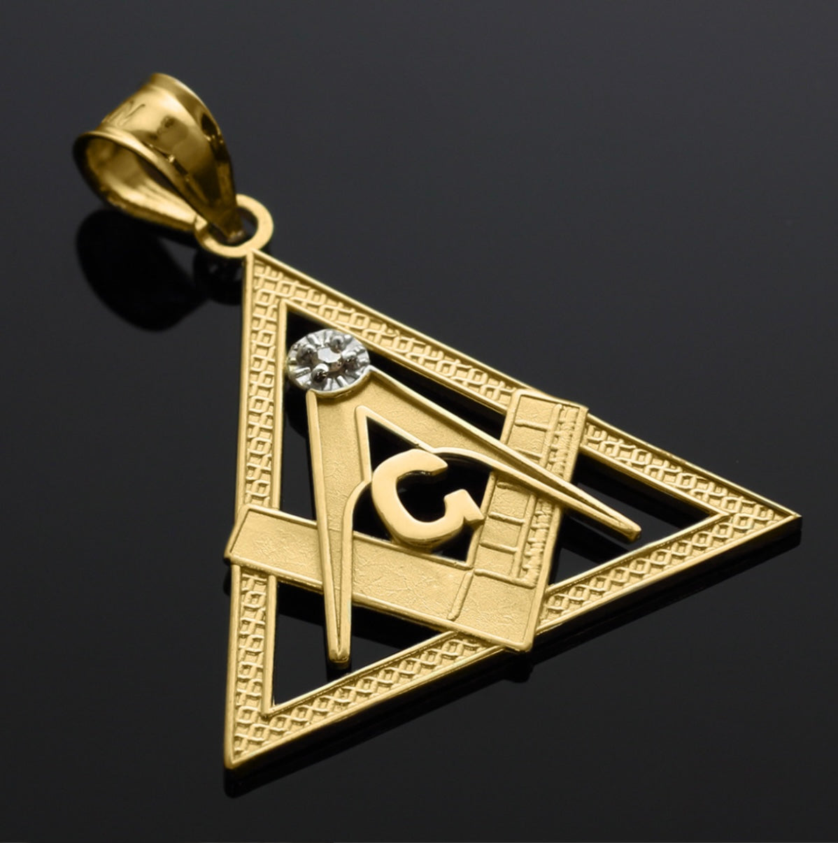 Gold Freemason Square & Compass CZ Eye Of Providence Triangle Pendant Necklace