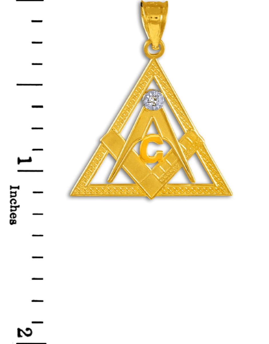 Gold Freemason Square & Compass CZ Eye Of Providence Triangle Pendant Necklace