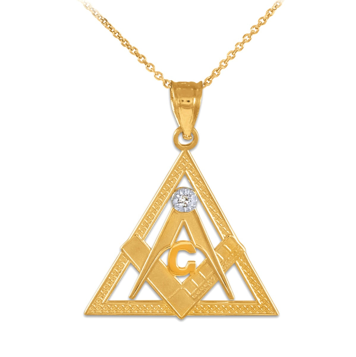 Gold Freemason Square & Compass CZ Eye Of Providence Triangle Pendant Necklace
