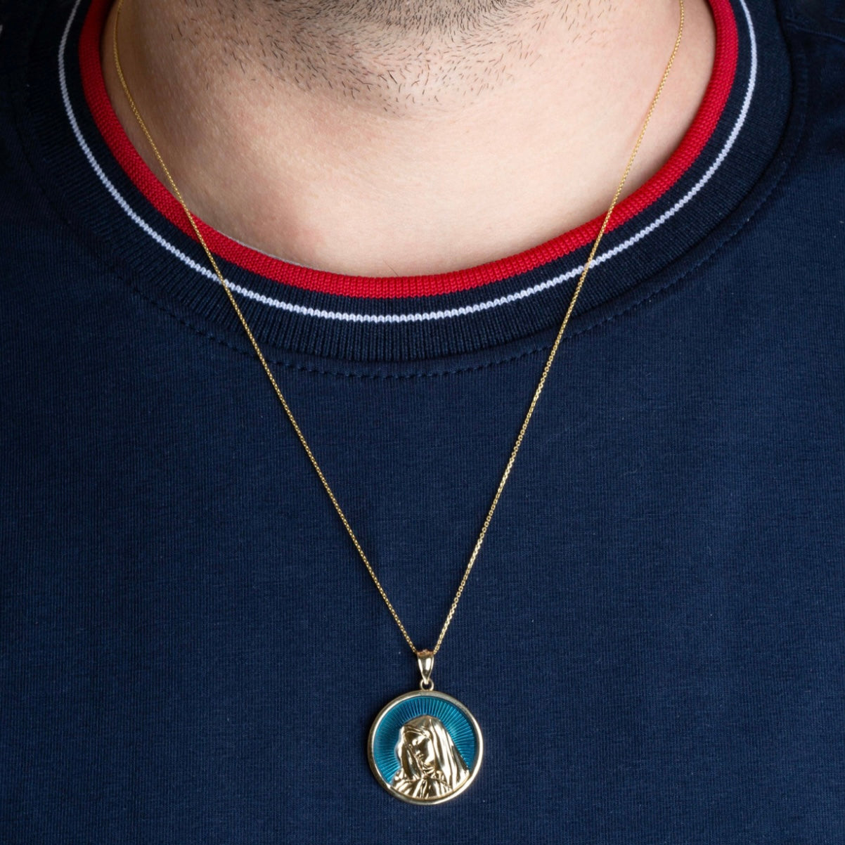 Gold Enamel Virgin Mother Mary Medallion Pendant Necklace