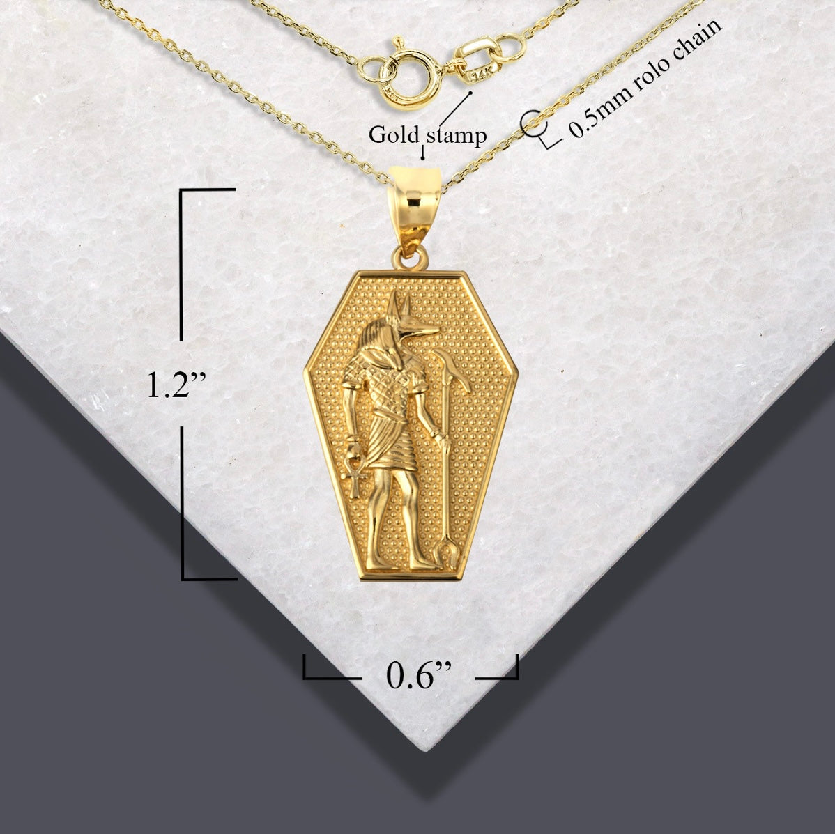 Solid Gold Egyptian Anubis Coffin Ankh Cross Beaded Pendant Necklace