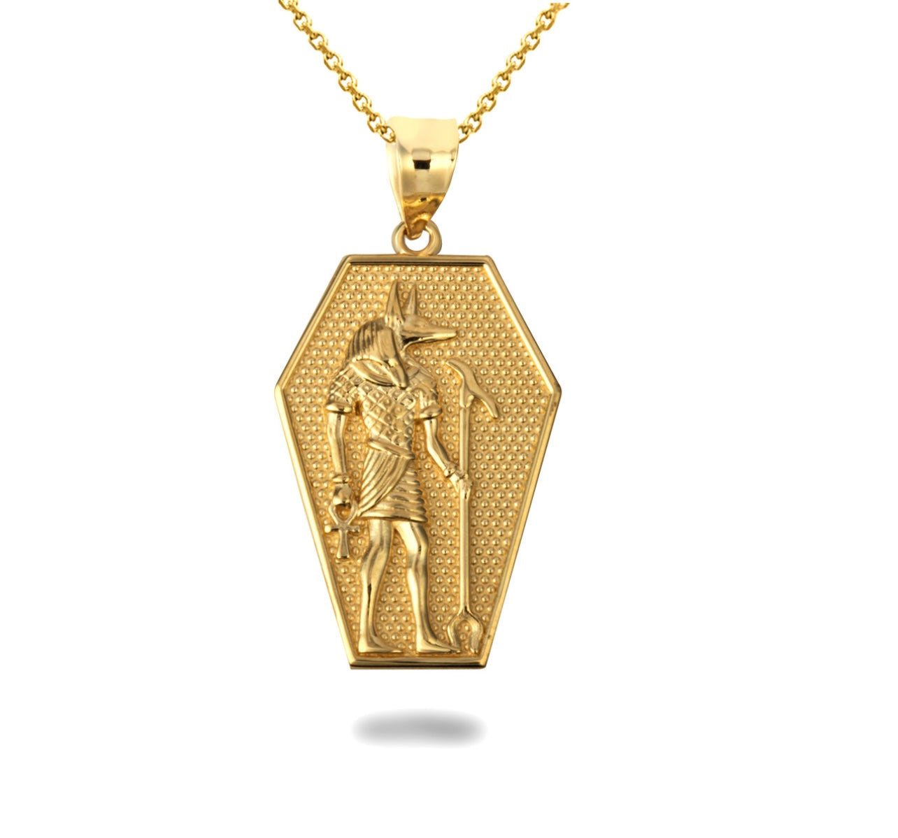 Solid Gold Egyptian Anubis Coffin Ankh Cross Beaded Pendant Necklace