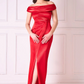 Red satin drape neck wrap long dress 