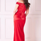 Red satin drape neck wrap long dress 
