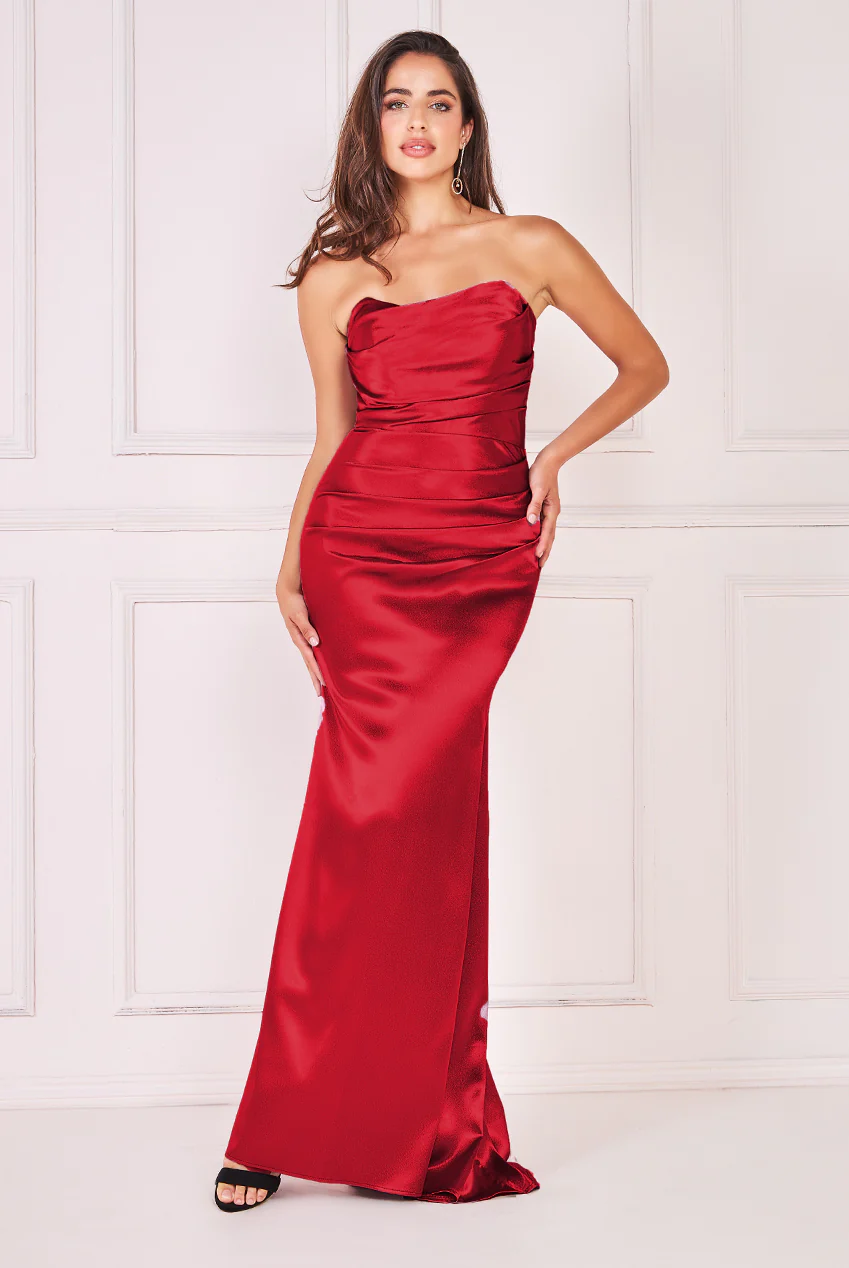 Red satin bandeau long dress