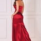 Red satin bandeau long dress