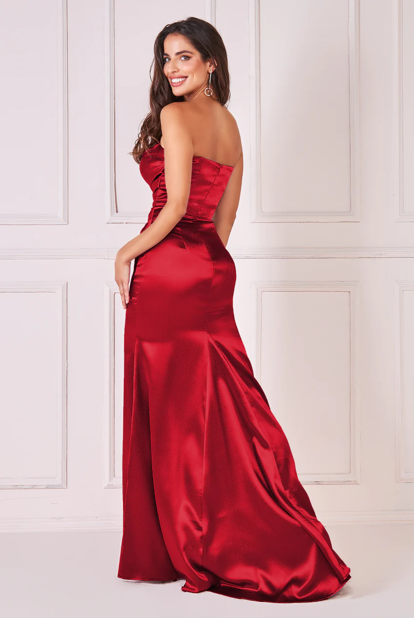 Red satin bandeau long dress