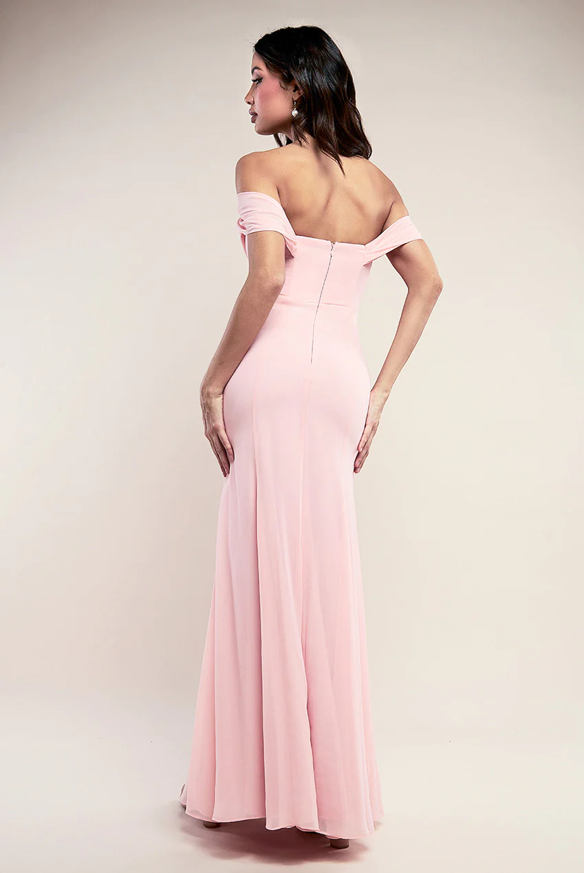 Pink chiffon draped neck long dress