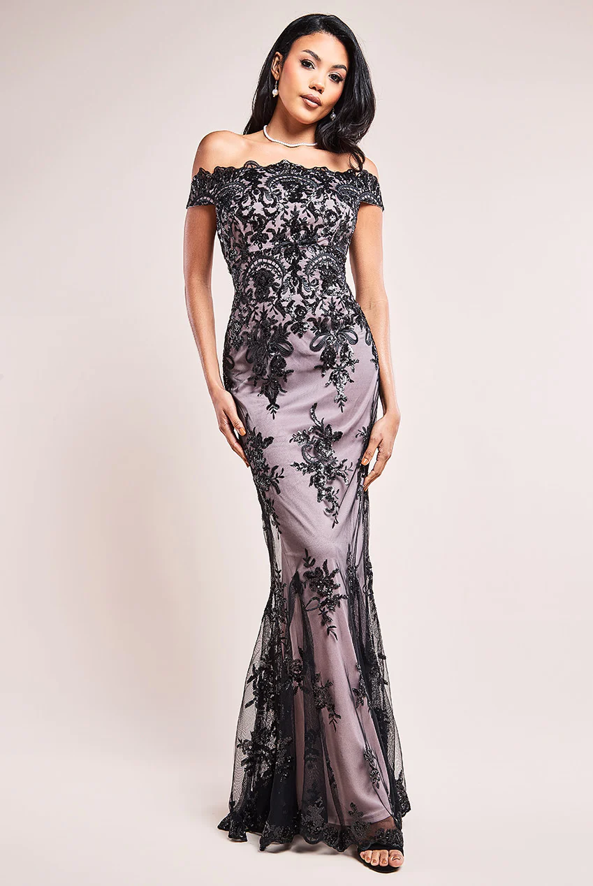 Sequined off-the-shoulder long dress