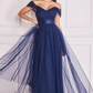 Navy off-the-shoulder tulle flare long dress