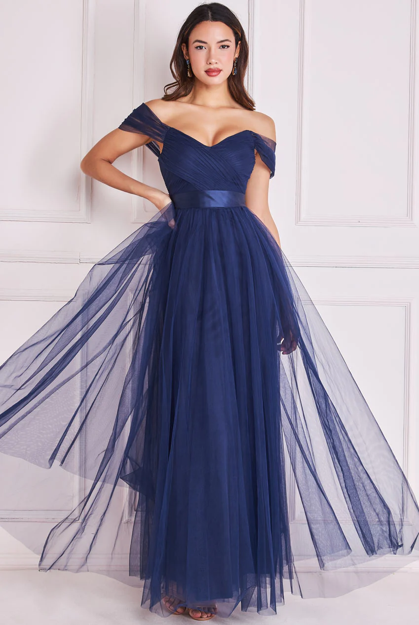 Navy off-the-shoulder tulle flare long dress