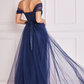 Navy off-the-shoulder tulle flare long dress