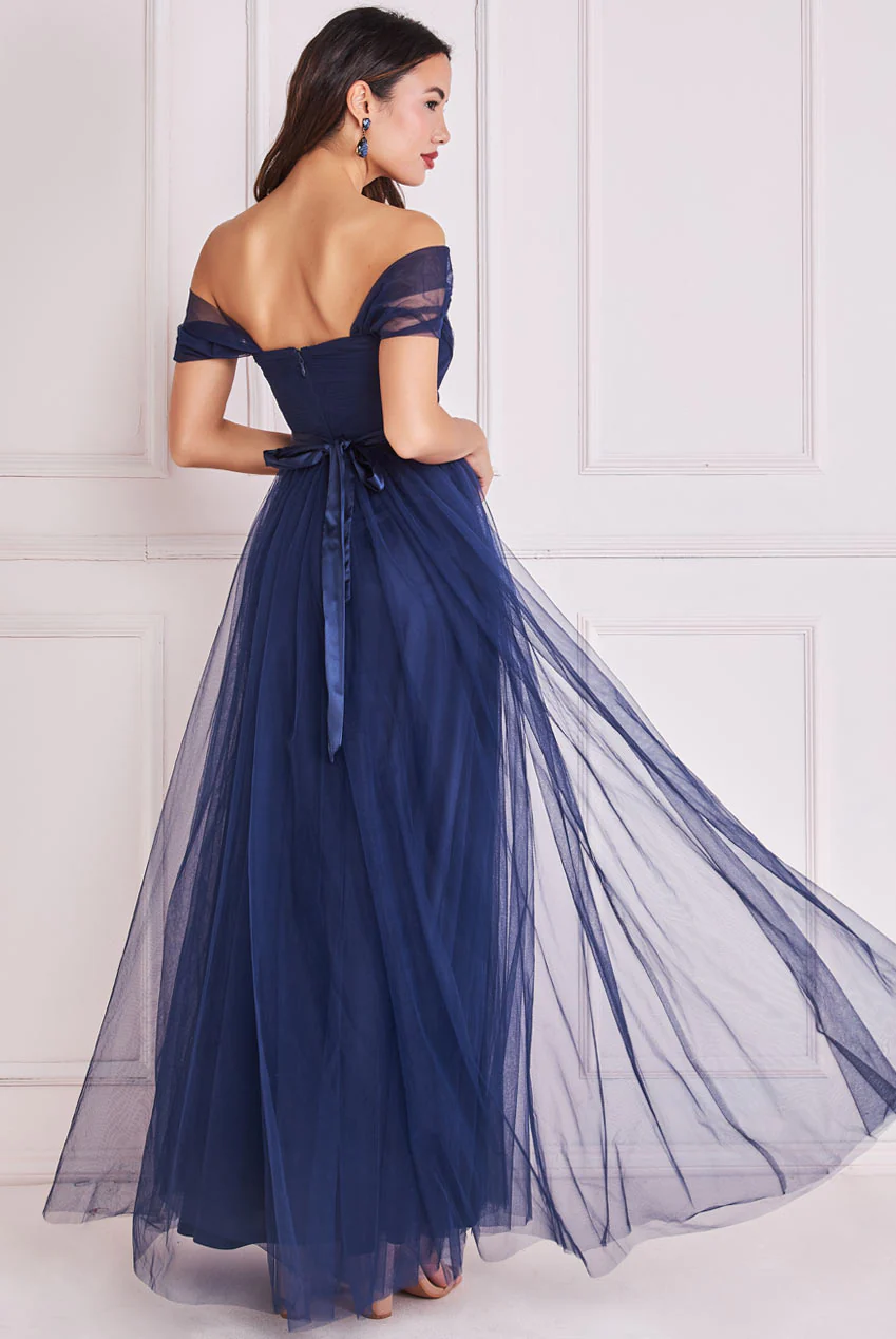 Navy off-the-shoulder tulle flare long dress