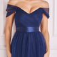 Navy off-the-shoulder tulle flare long dress