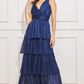 Navy V-neck striped chiffon long dress