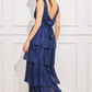 Navy V-neck striped chiffon long dress