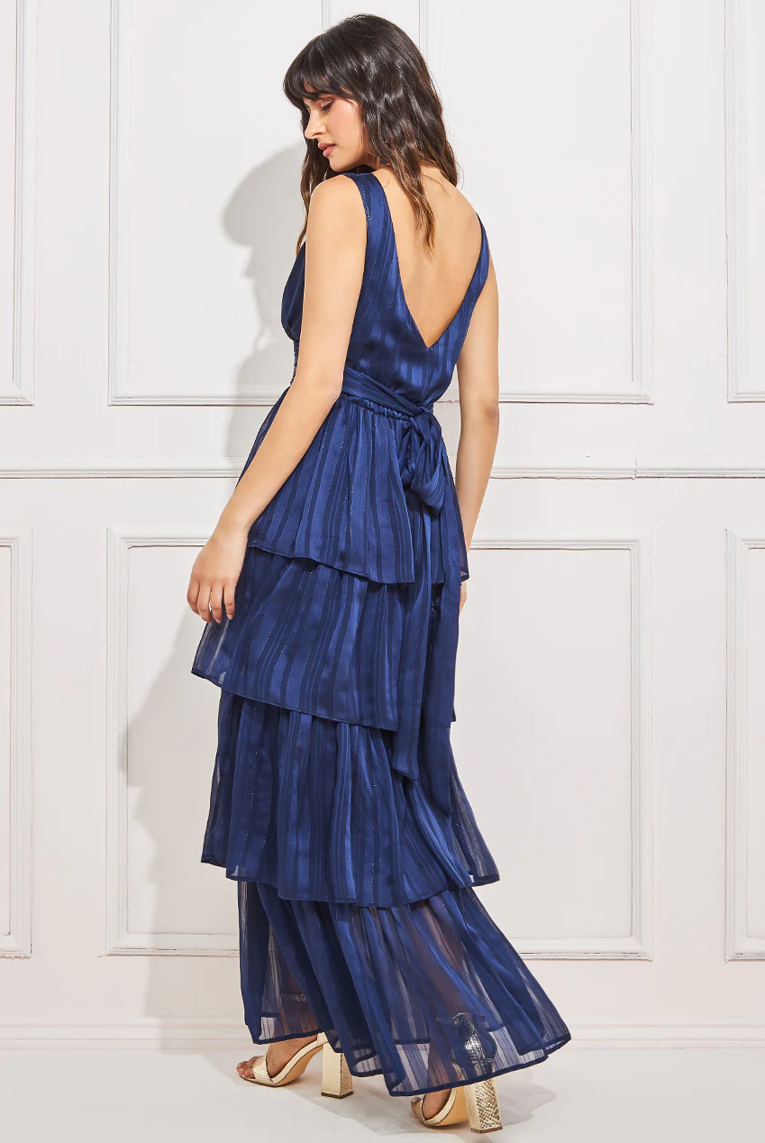 Navy V-neck striped chiffon long dress