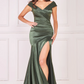 Khaki satin off-the-shoulder pleated long dress