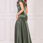 Khaki satin off-the-shoulder pleated long dress