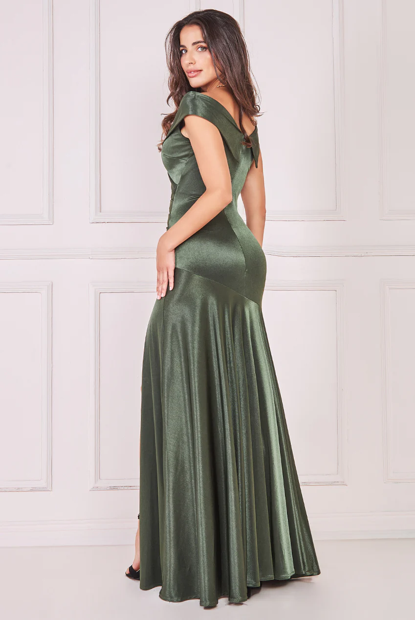 Khaki satin off-the-shoulder pleated long dress