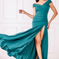 Emerald crepe off-the-shoulder long dress