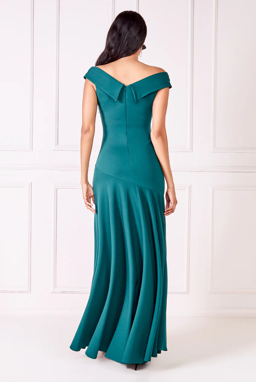 Emerald crepe off-the-shoulder long dress