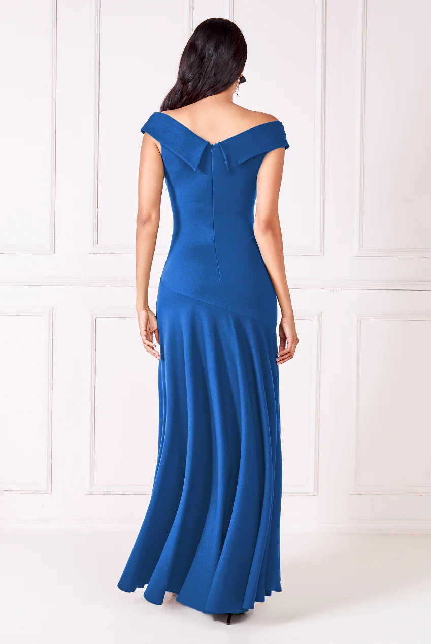 Royal blue crepe off-the-shoulder long dress