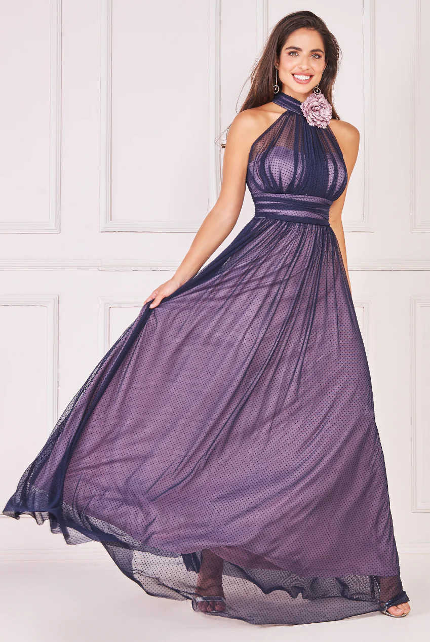 Purple halter neck flare tulle long dress