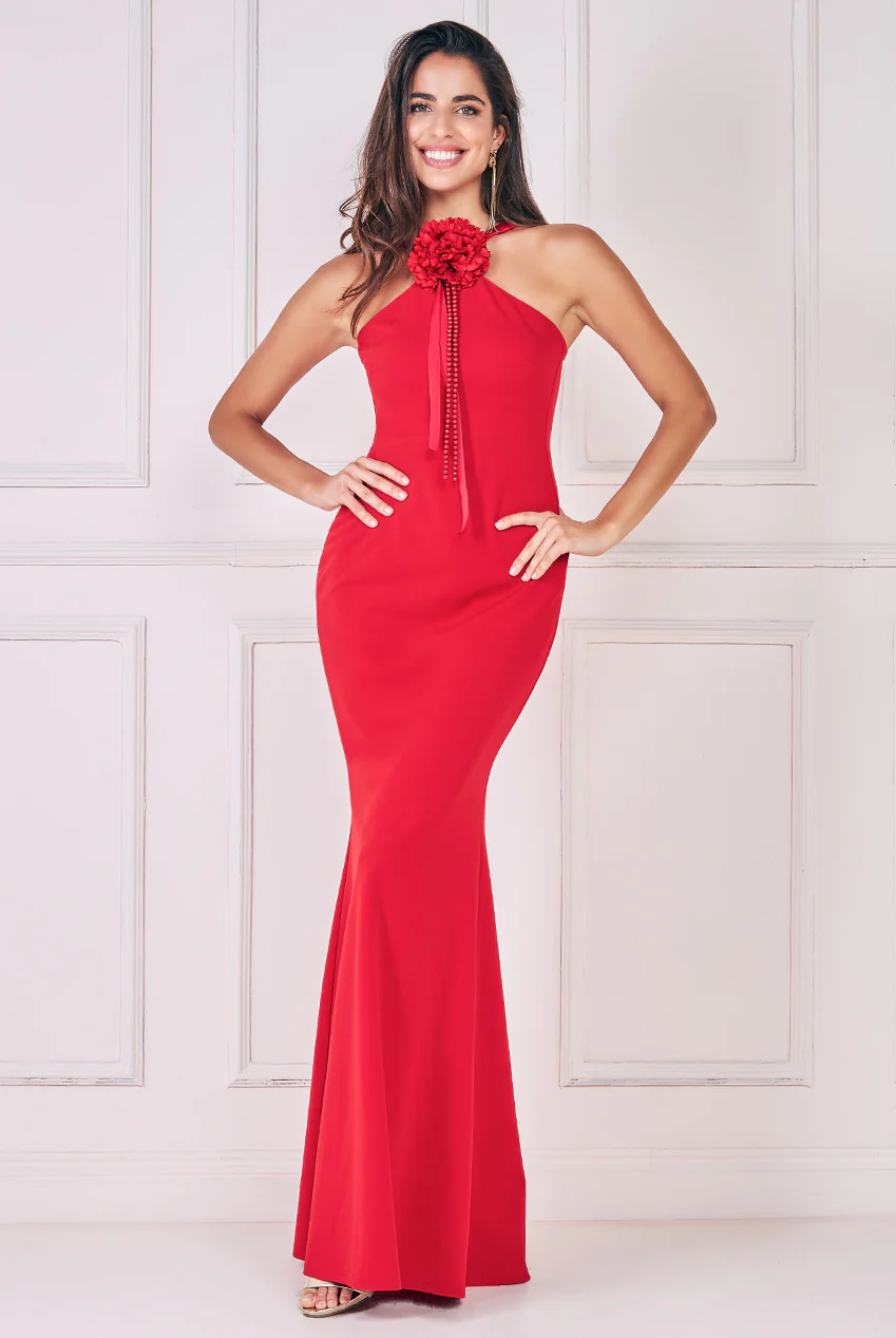 Red halter neck corsage long dress 