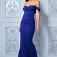 Blue off-the-shoulder draped long dress