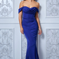 Blue off-the-shoulder draped long dress