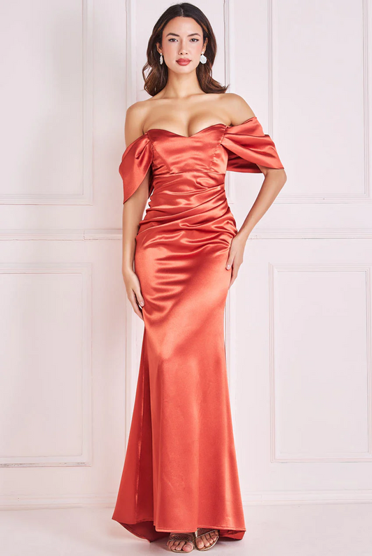 Orange satin off-the-shoulder long dress