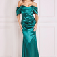 Emerald satin off-the-shoulder long dress