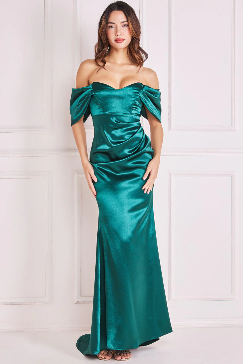 Emerald satin off-the-shoulder long dress