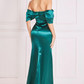 Emerald satin off-the-shoulder long dress