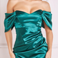 Emerald satin off-the-shoulder long dress