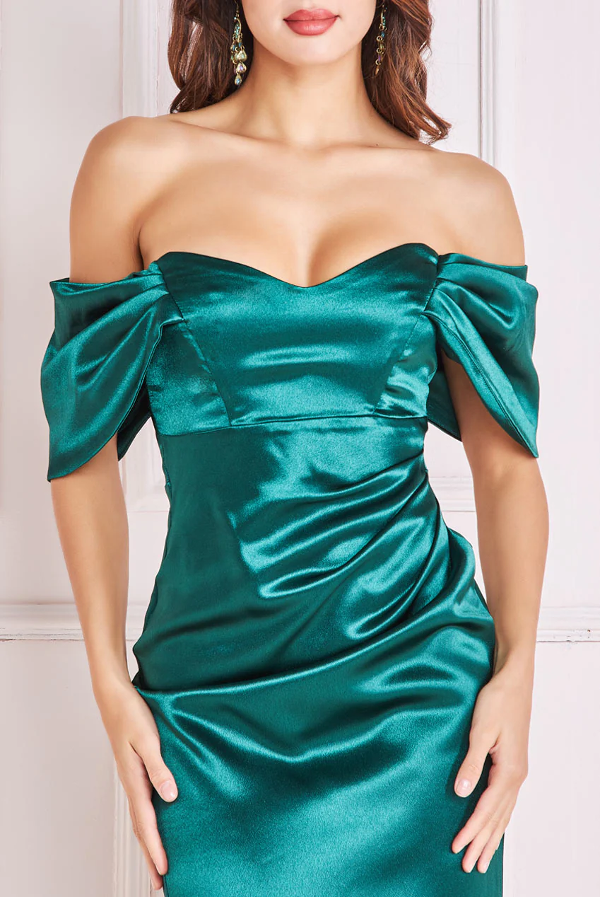 Emerald satin off-the-shoulder long dress