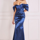 Navy satin off-the-shoulder long dress