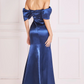 Navy satin off-the-shoulder long dress