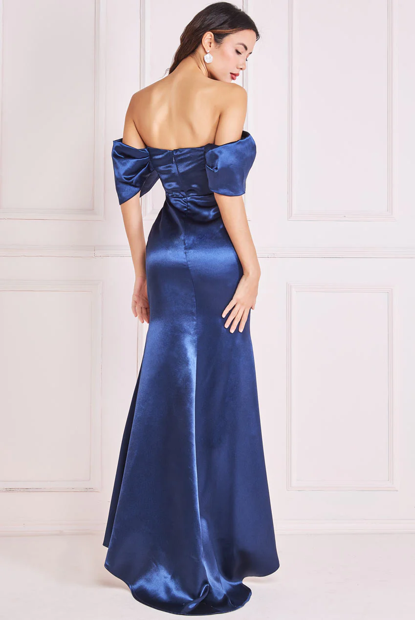 Navy satin off-the-shoulder long dress