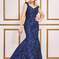 Navy floral jacquard mermaid long dress