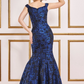 Navy floral jacquard mermaid long dress