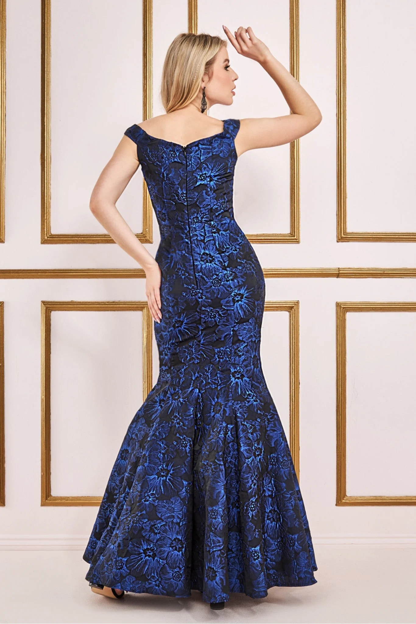 Navy floral jacquard mermaid long dress