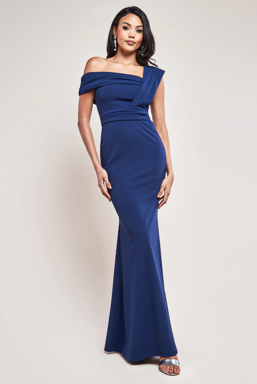 Navy off-the-shoulder long dress